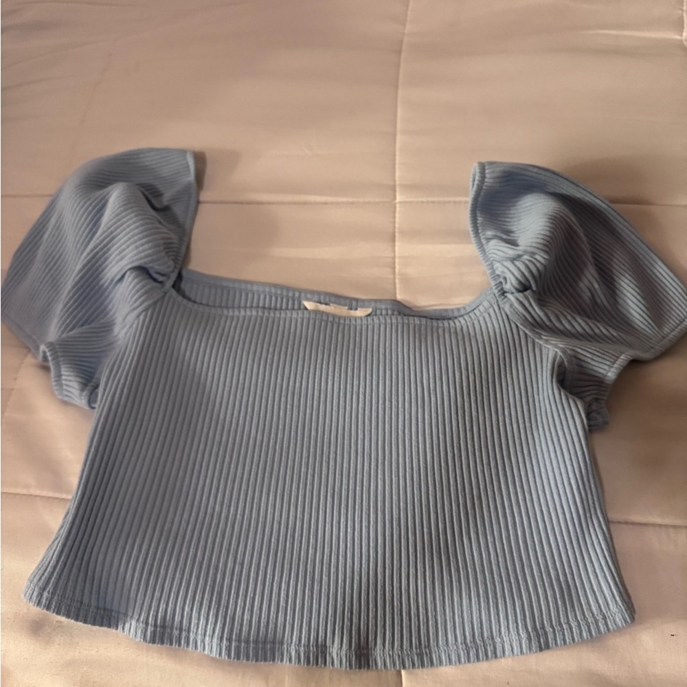 bubble sleeve blue crop top